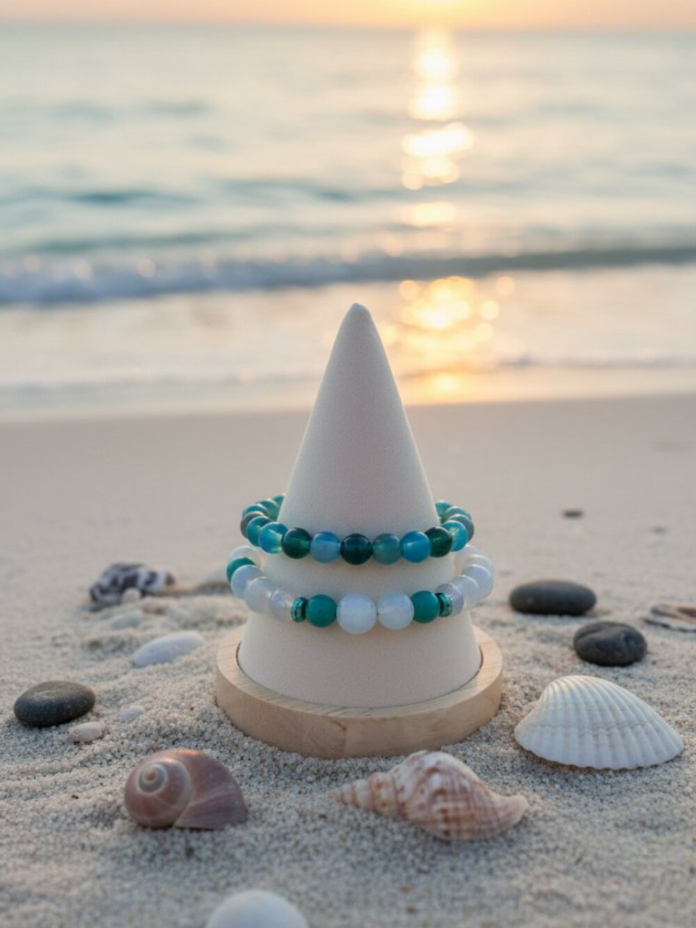 Sea Glass Beaded Stretch Bracelet Set | Handmade Teal Blue Gray Beaded Bracelets